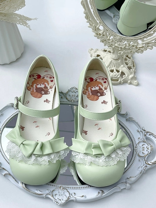 Lace Top Green Trim Grass Low-heel Jane Round Shoes with PU Toe Mary Bow in at Sweet
