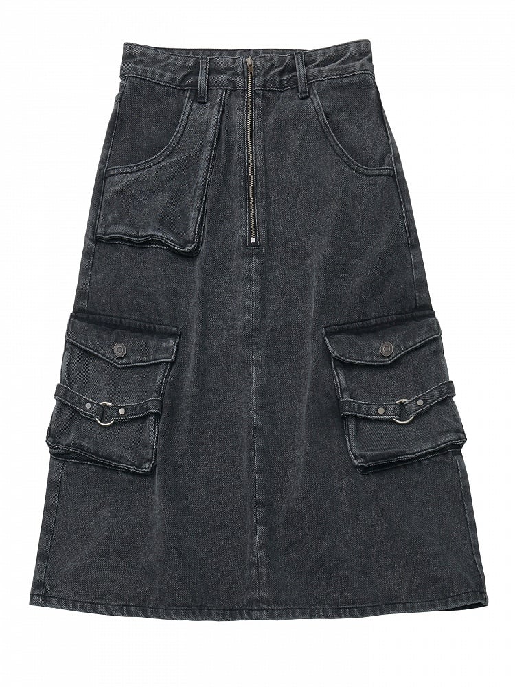 A-Line Wash Denim Pockets with Gray Vintage-Inspired and Skirt Midi Utility Faded