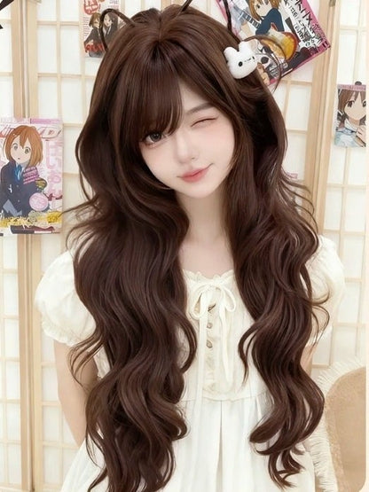Chocolate Brown Wavy Wig with Side-Swept Bangs - Meow Island Wig
