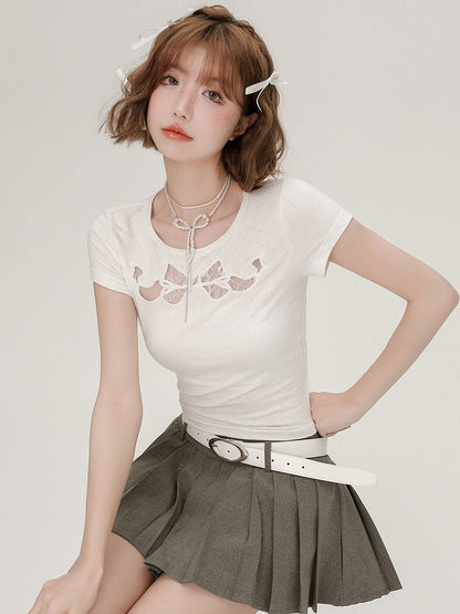 White Short Sleeve Bowknot Lace Cutout T-Shirt - Girlyhalo