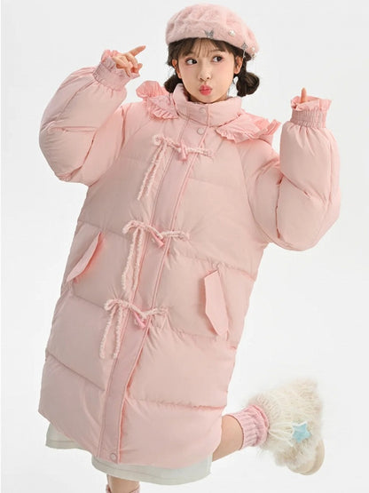Rosa Daunenmantel mit Kapuze, Schleife und Horn-Knopf