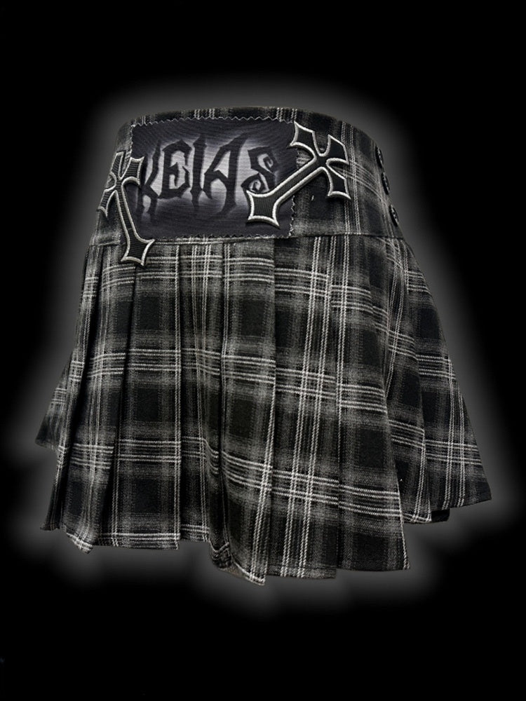 Punk Gray Cross Applique Low-Waisted Plaid Pleated Mini Skirt with Free Waist Chain