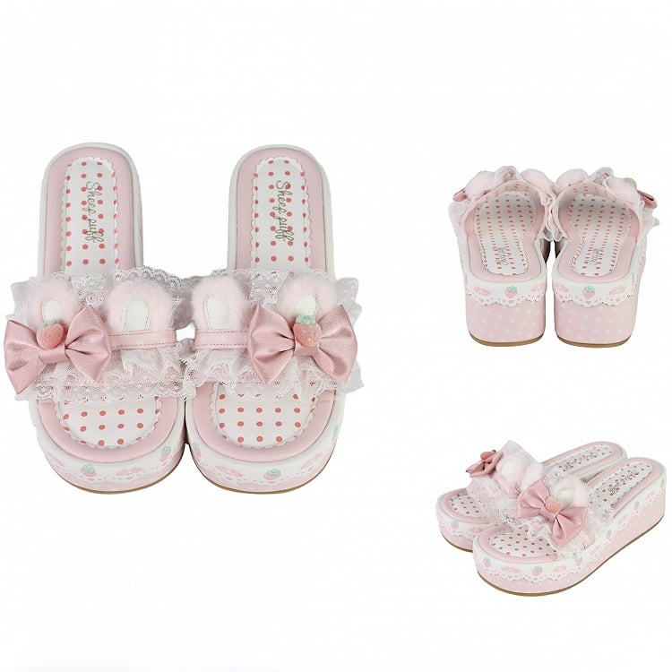 Slippers Pink Trim Platform Sweet Lace Bunny Ear Accents Lolita Plush Bow