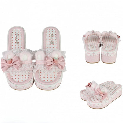 Slippers Pink Trim Platform Sweet Lace Bunny Ear Accents Lolita Plush Bow