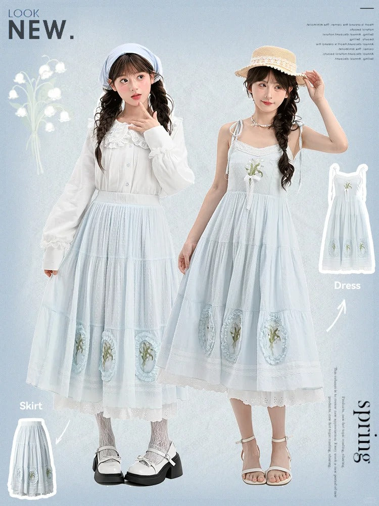 Cami Dress Light Blue Lily of the Valley Embroidered Lace Trim Cutton