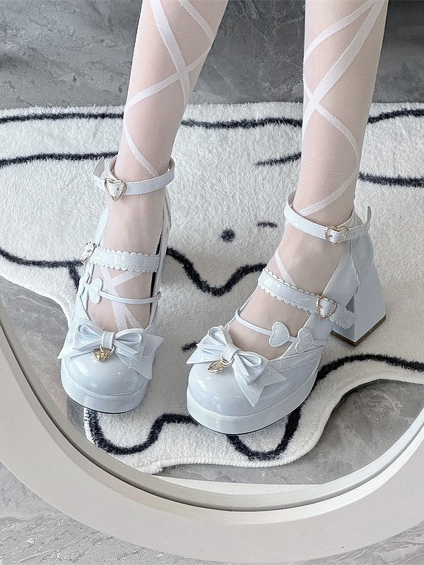 Snap Blue Heart-Shaped Block Lolita PU Elegant Platform Light Heels Bow High with Accents