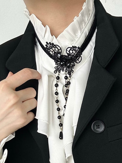 Elegant Choker Teardrop Ouji Necklace Bead Black Pendant Flower Chains with Lace Lolita