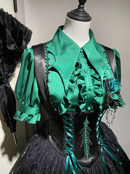 Green Rosette and Skull Print Gothic Lolita Corset Under Bust JSK Dress - Sweetheart Love Song