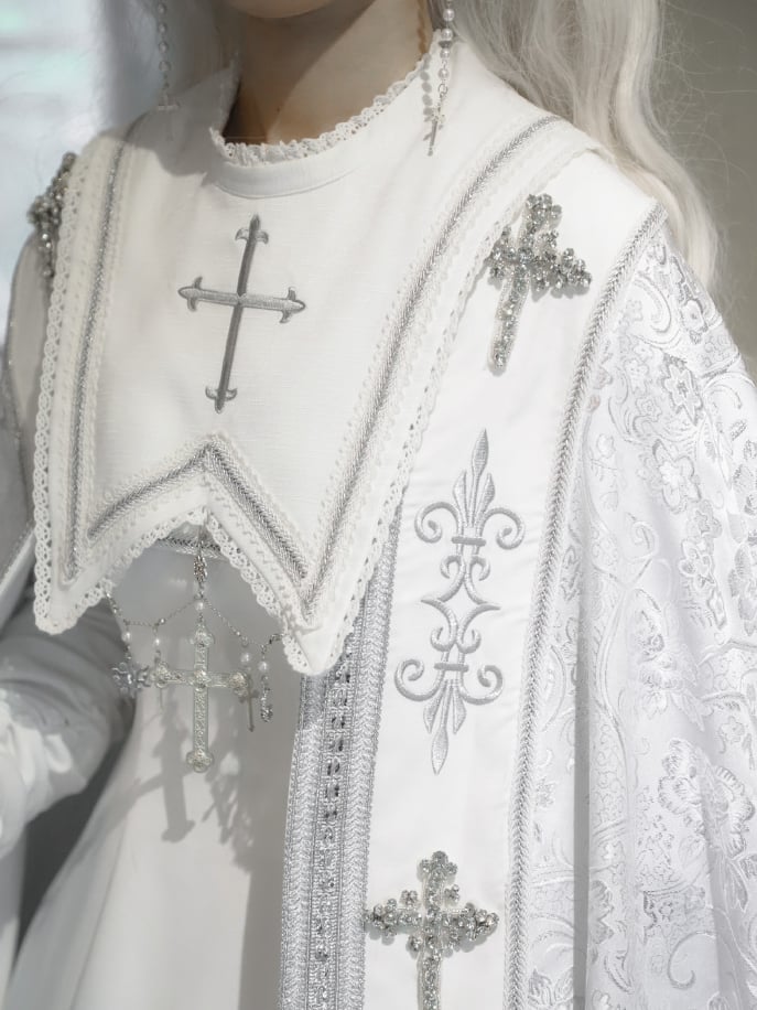 Embroidery Silver Cross Lolita Decorated Details Nun White and Cloak