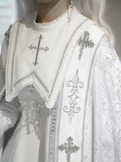 Embroidery Silver Cross Lolita Decorated Details Nun White and Cloak