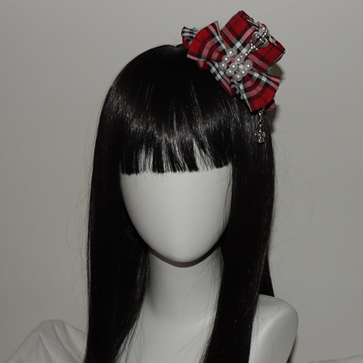 リボン結びの赤いチャームミニ装飾クラウンパターンチェック柄帽子ビーズ