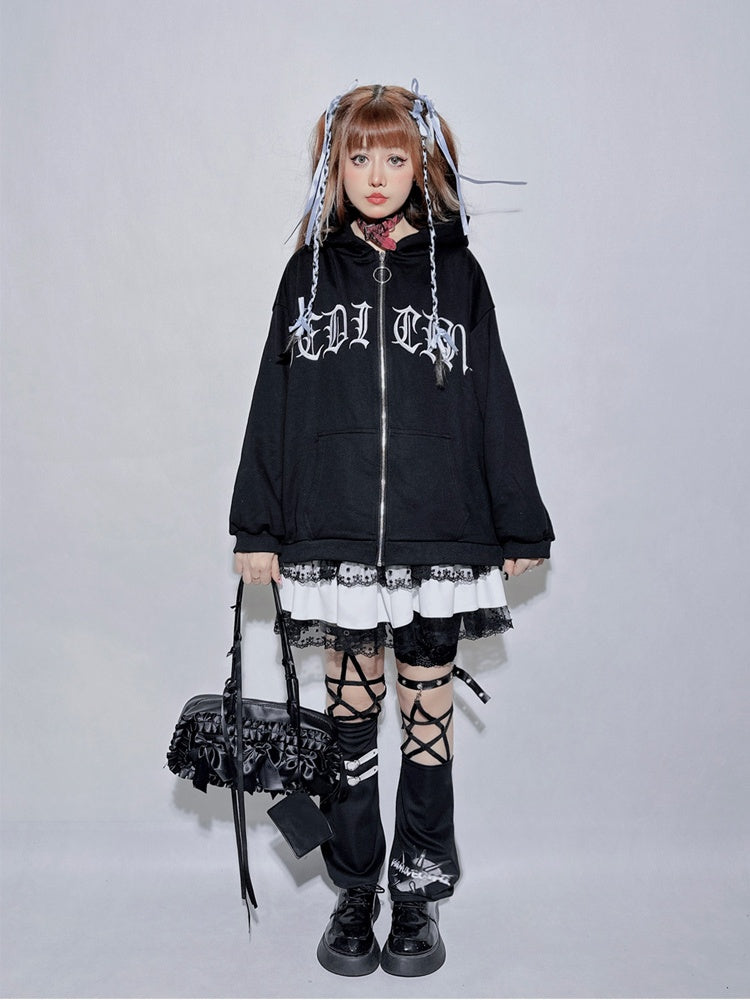 Schwarzes kariertes zweiteiliges Sweatshirt mit Rundhalsausschnitt und Buchstaben