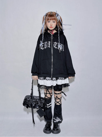 Schwarzes kariertes zweiteiliges Sweatshirt mit Rundhalsausschnitt und Buchstaben