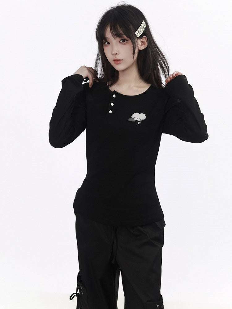 Kawaii Black Puffy Mouse Print Waist-cinching Long Sleeve Top with Shawl - PINK SAVIOR