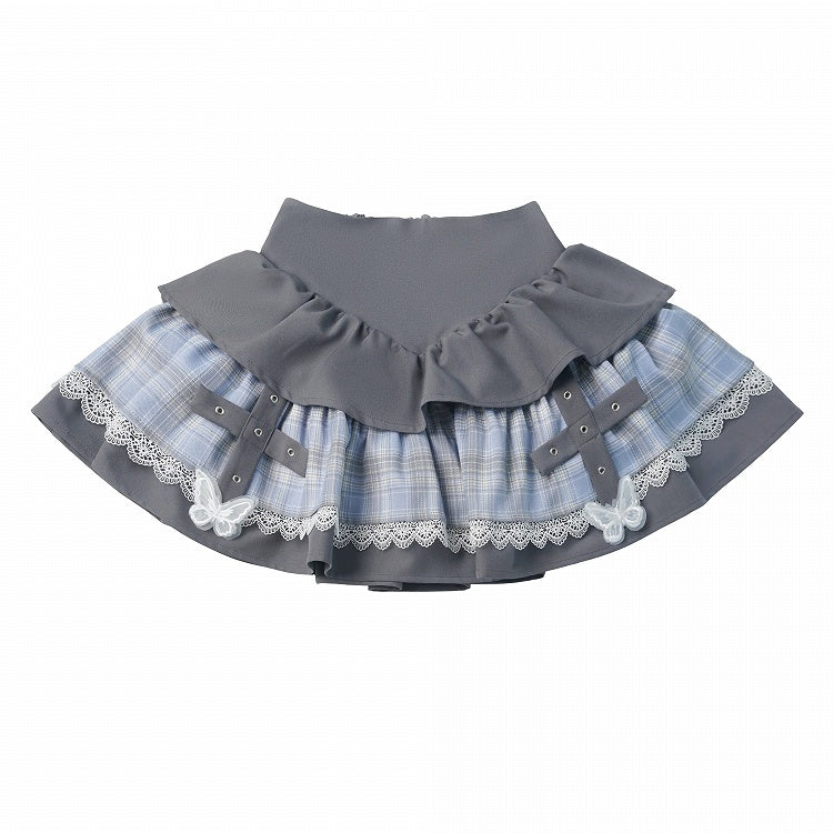 Vintage Kawaii Dusty Blue Plaid Tiered Skirt with Butterfly Embroidery and Lace Trim - PINK SAVIOR