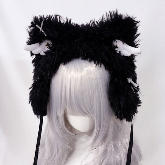 Black/White Cross Plush Details Hat Wings with Bear Ear
