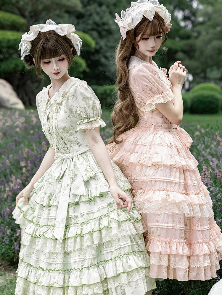 Sweet Jasmine Embroidered Pink OP Doll Collar Lolita A-Line Gown with Tiered Skirt - ZHIJINYUAN
