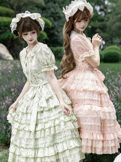 Sweet Jasmine Embroidered Pink OP Doll Collar Lolita A-Line Gown with Tiered Skirt - ZHIJINYUAN