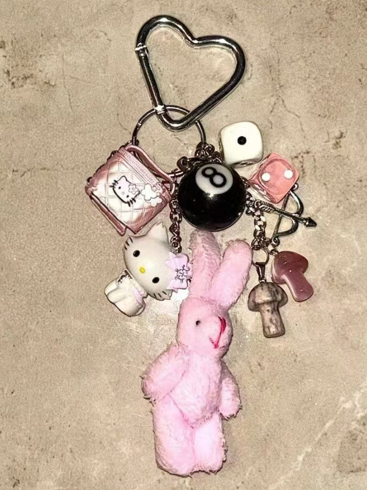 Y2K White/Pink Bunny Plush Kitty Keychain