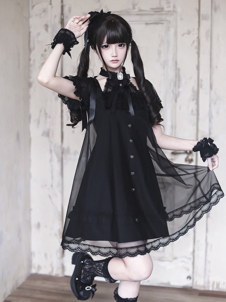 Gothic Halter Dress with Lace and Bow Details - Ekomi