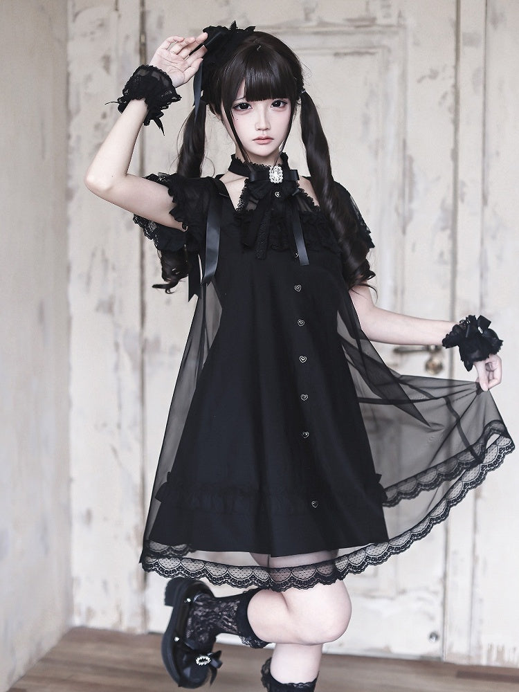 Gothic Halter Dress with Sheer Panels & Bow Accents - Ekomi