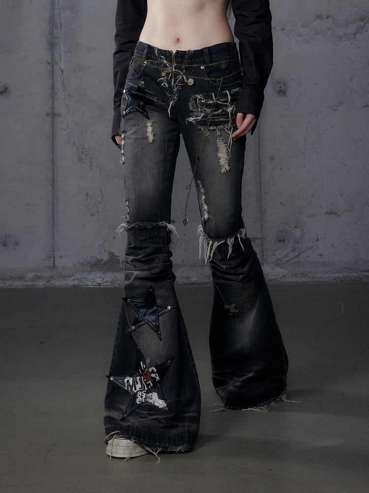 Patches Black PU Flared Rock Star Punk Wasteland Hem Washed Raw Jeans with