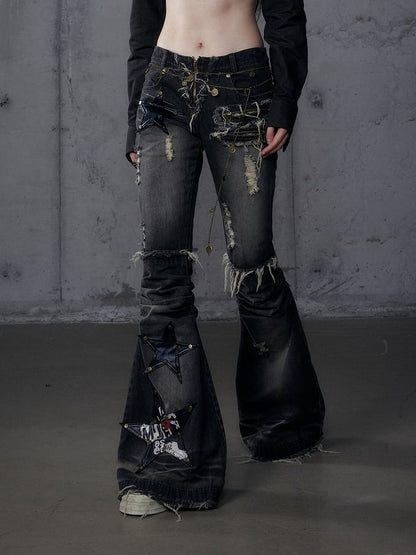 Patches Schwarz PU Ausgestellt Rock Star Punk Wasteland Saum Washed Raw Jeans mit