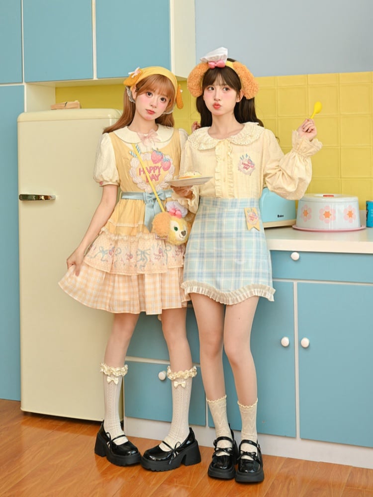 Rock Große süße Schleife Cremegelbes gestuftes Erdbeerkuchen-Stickerei-Lolita-Kleid