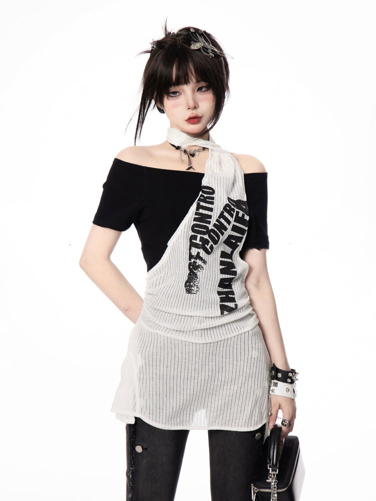 Y2K Black and White Letter Two-pieces Print Halter T-shirt