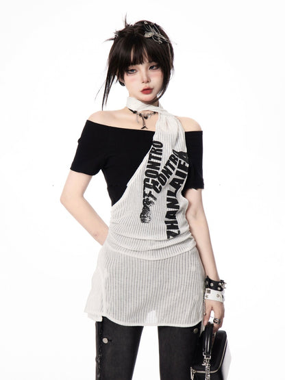 Y2K Black and White Letter Two-pieces Print Halter T-shirt