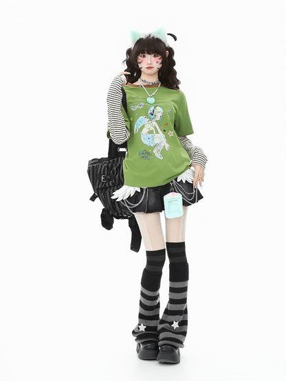 Green/White Sleeve Long Faux Two-Piece Top Y2K Cartoon Striped Print