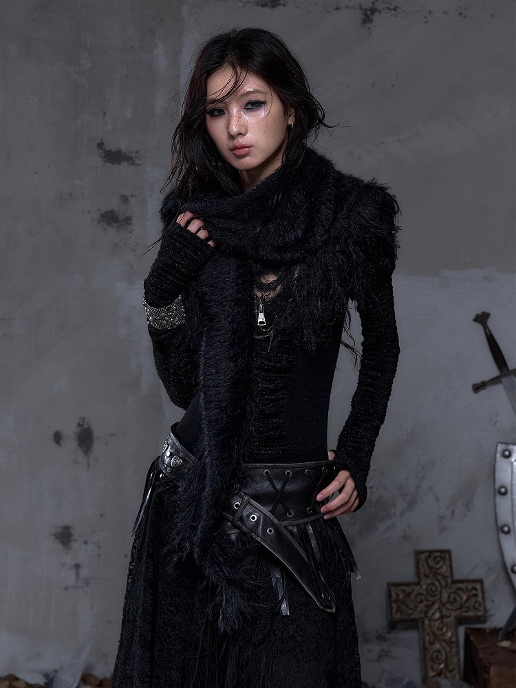 Triangle Scarf Black Vintage Y2K with Mink Faux Punk Long Fringe