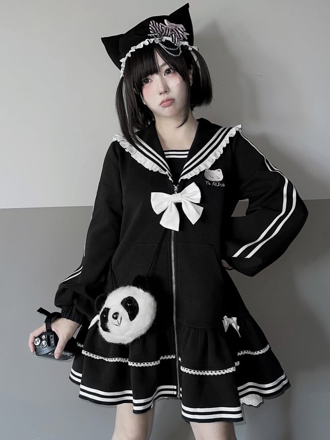 Stickerei Reißverschluss Kitty Jirai Kei Kragen Kleid Schwarz Landmine Stil Sailor Verschluss
