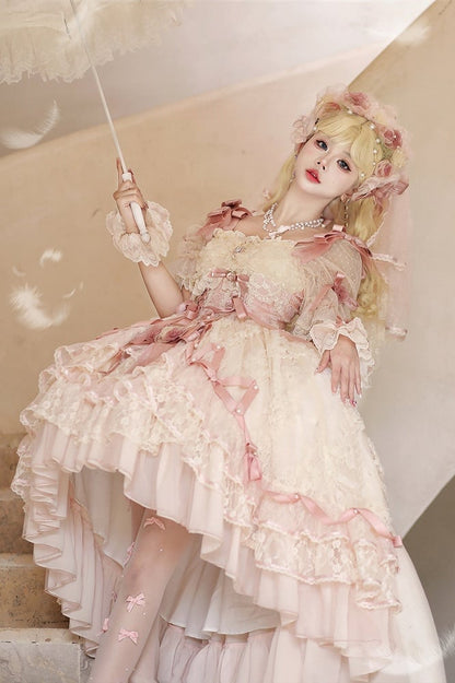 Pink Dress and Beige Piece Layered High-low Princess One Lolita Hanayome Hime