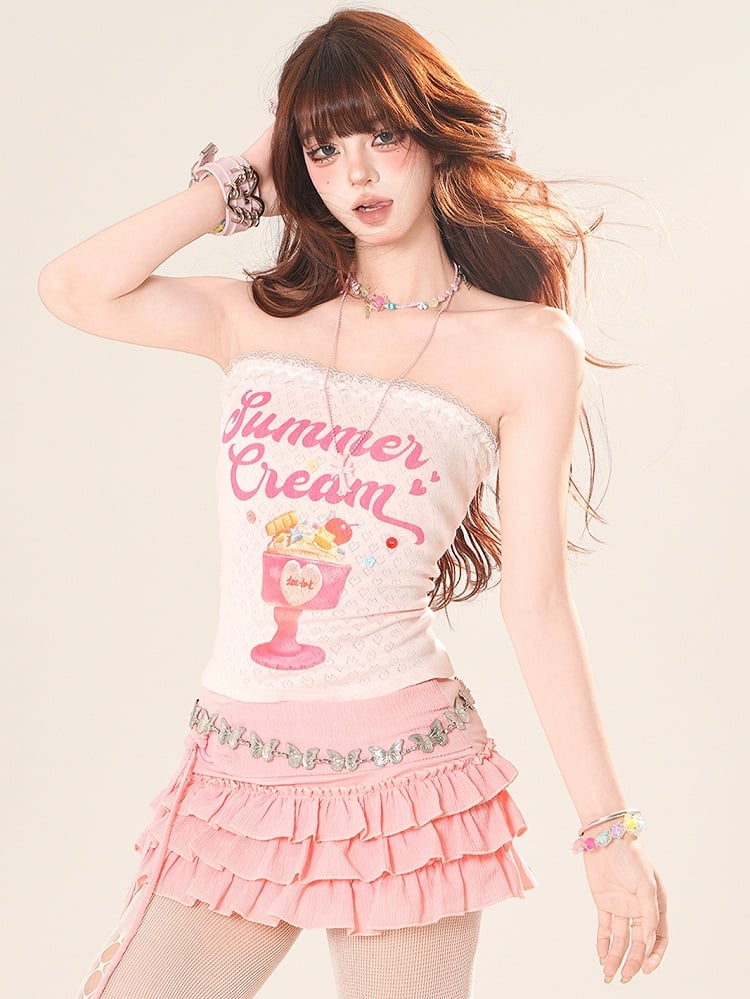 Cake Letter – Weiß/Rosa Spitzen-Tube und glamouröses Top mit Printbesatz