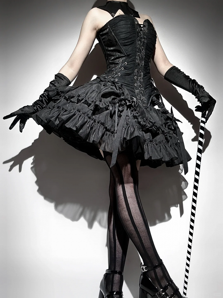 Lolita Drawstring Hem Skirt Gothic Black Kuro Ruffle