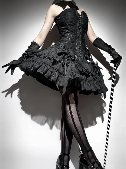 Lolita Drawstring Hem Skirt Gothic Black Kuro Ruffle