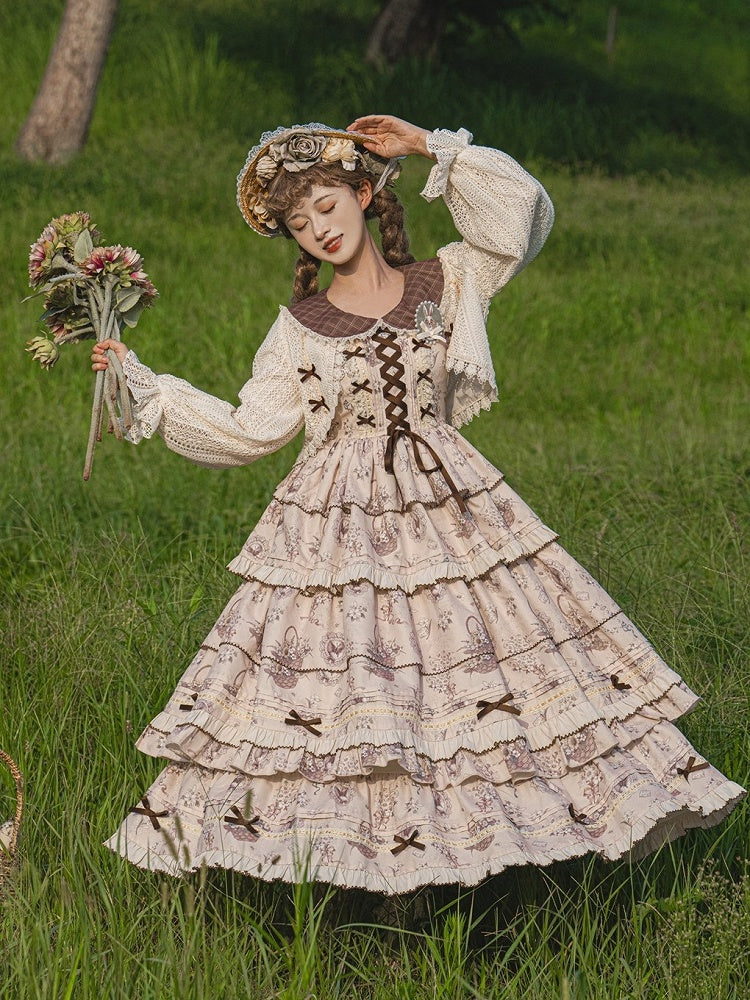 Beige & Brown Floral Print Tiered Ruffles Elegant Classic Lolita Dress + Crochet Lace Lolita Cardigan Set