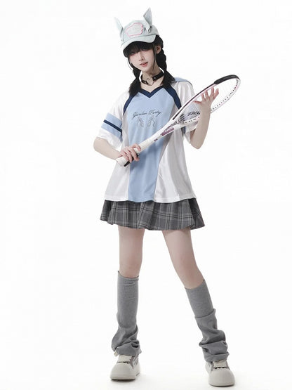 Blue Colorblock Design V-neck Blokette Core Hooded T-shirt