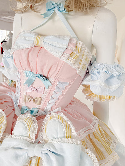 Pink and Blue Sweet Princess Puffy Tiered Ruffle Skirt Boning Dress