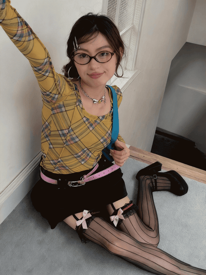 Lace Pattern Striped Suspender Tights Pink Black Bowknot Details