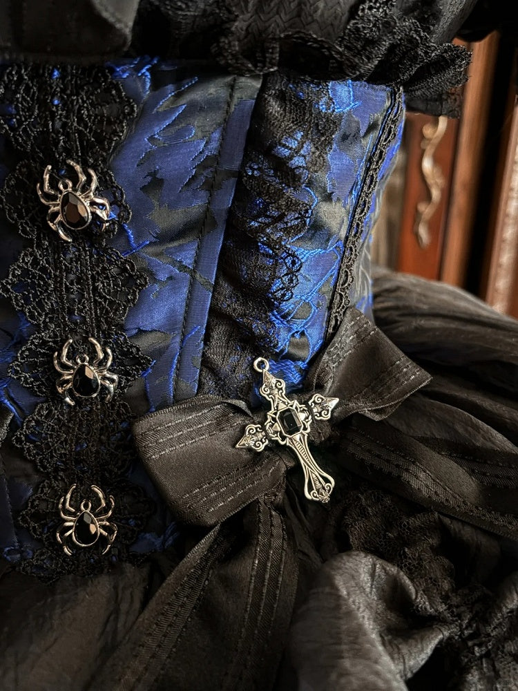Gothic Puff Sleeve Shirt with Spider Cross, Black & Blue - Pear Island Sweet Tea