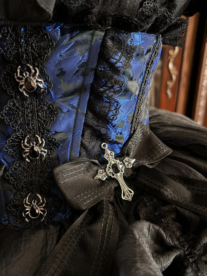 Gothic Puff Sleeve Shirt with Spider Cross, Black & Blue - Pear Island Sweet Tea