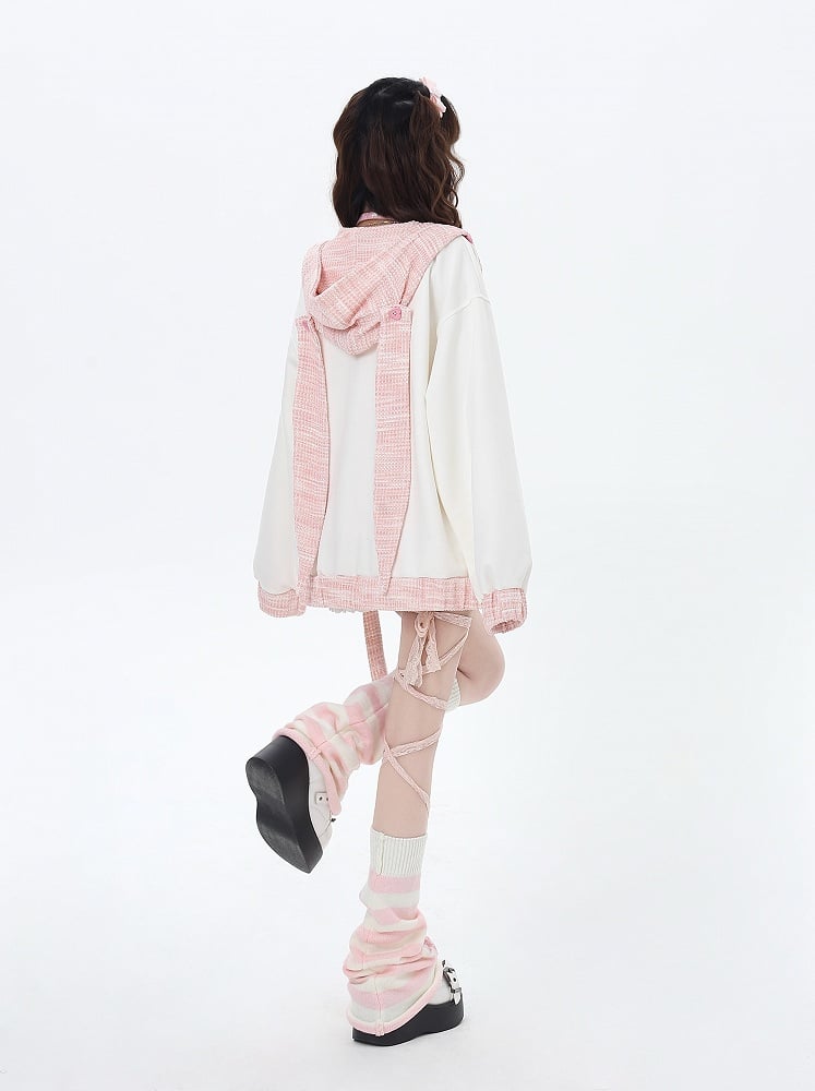 Apricot & Pink Heart-shaped Buttons Hoodie with Detachable Bunny Ear Design
