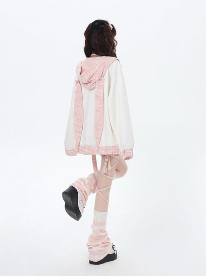Apricot & Pink Heart-shaped Buttons Hoodie with Detachable Bunny Ear Design