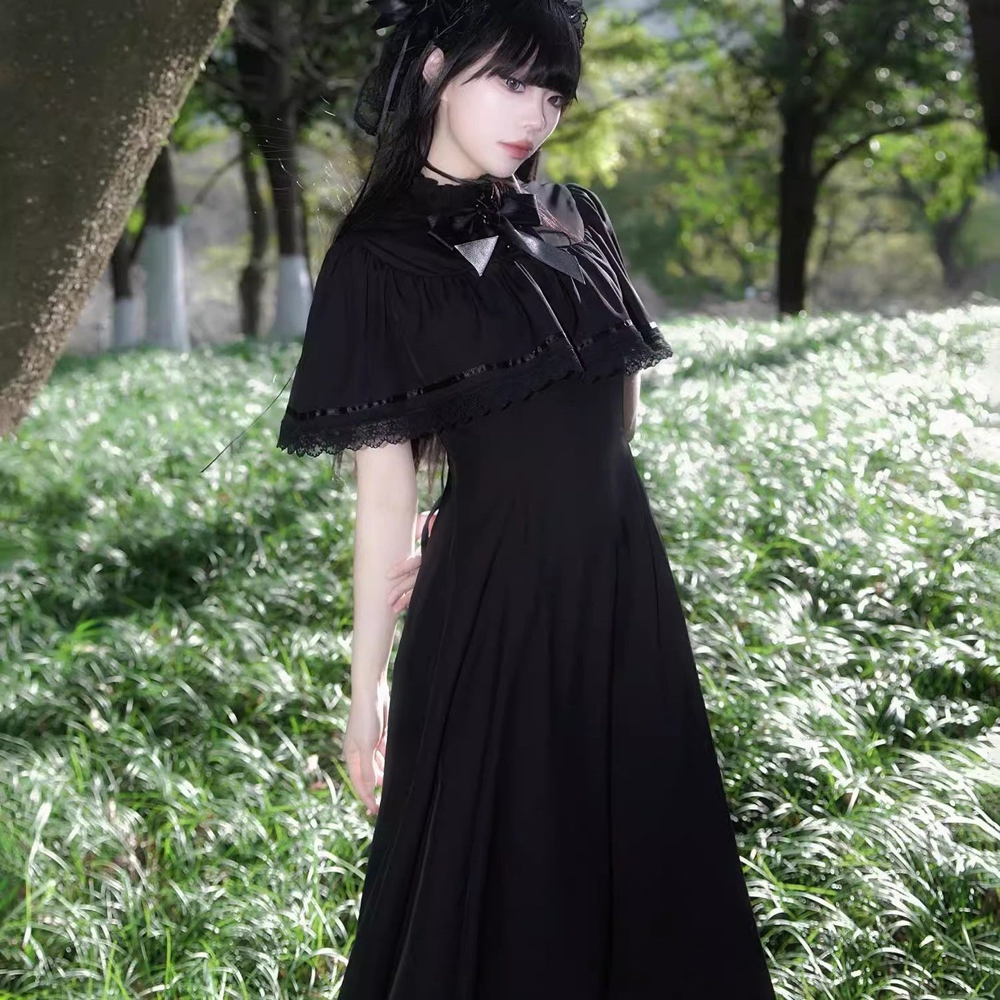 Gothic Lolita French Vintage Lace Cape A-Line Long Dress