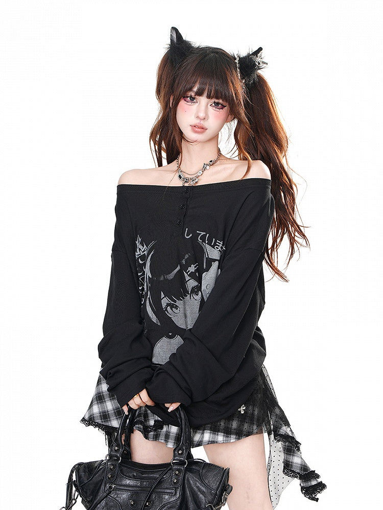 Black/White Off-the-shoulder Neckline Cartoon Print Top