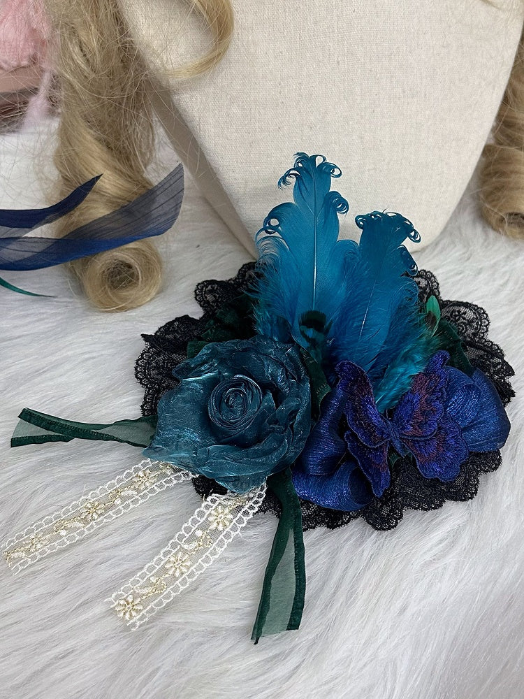 Green Butterfly Lace Trim Black/White Feather Peacock Mini Hat