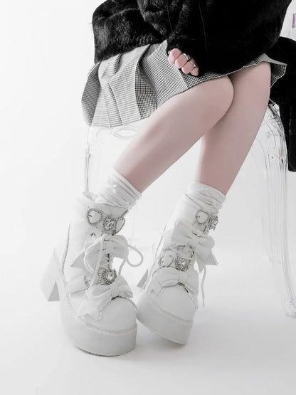 Ankle Lace-up Matte and White Jirai in Kei Buckles Sweetheart Boots with Rhinestones