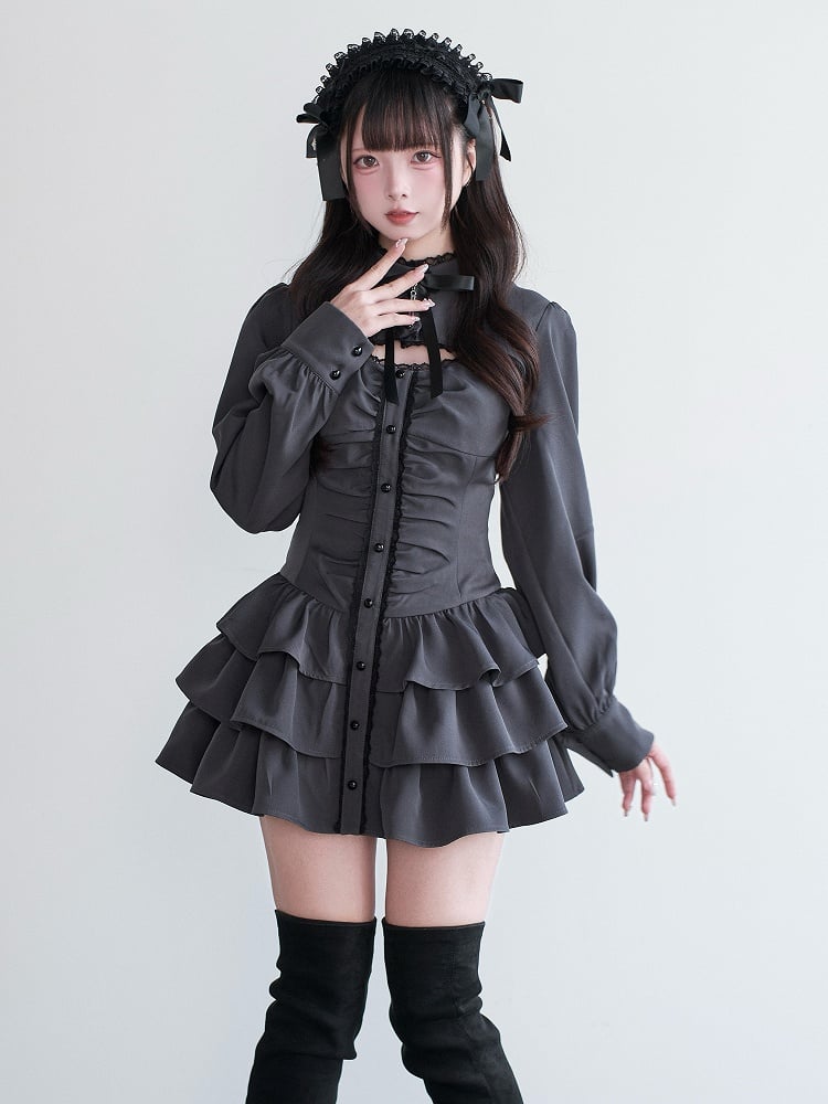 Jirai Gray Cut-Out Multi-Layer Dress Ruffled Cross Kei Set + Shorts Bow Matching Decor